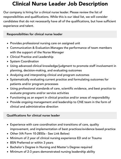 Clinical Nurse Leader Job Description Velvet Jobs