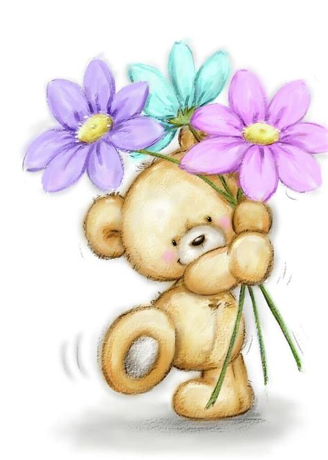 Bear With Three Flowers By Makiko Cute Bear Drawings Teddy Bear