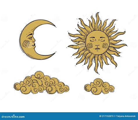 Sun And Moon Face Vector Allegory Isolated On White Background