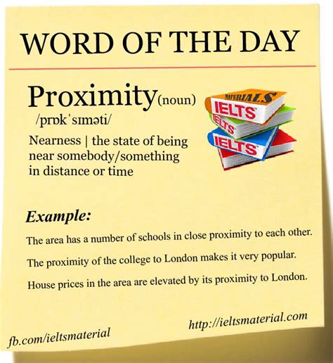 Displays the word of the day, its definition and pronunciation in the middle of the page. Proximity - Word of the Day (for Speaking and Writing Task 2)