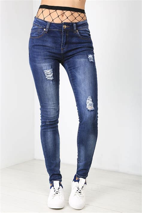 Womens Ladies Distressed Destroyed Rip Embroidery Stretch Skinny Fit Denim Jeans Ebay