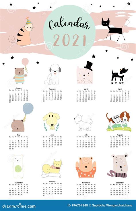 Cute Animal Calendar 2021 With Dog Cat Bear For Children Kid Baby