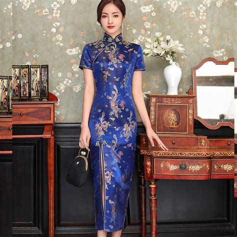 Chinese Traditional Qipao Dress Women Silk Satin Cheongsam Navy Blue