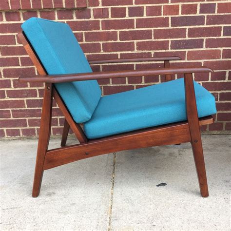 Pair Of Mid Century Modern Wood Framed Arm Chairs With Teal Cushions