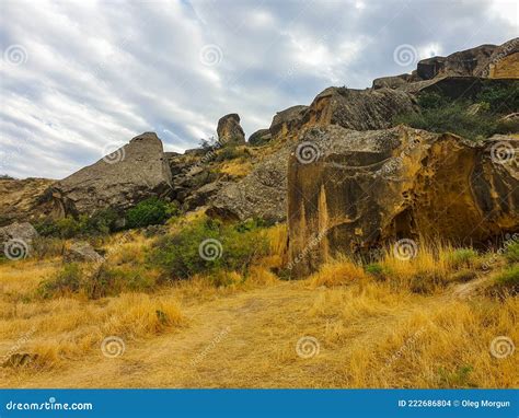 Gobustan National Park Ancient Rocks Rock Path And Mountains Near Baku