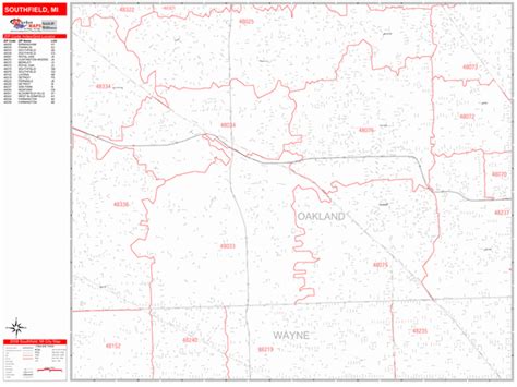 Southfield Michigan Zip Code Wall Map Red Line Style By Marketmaps