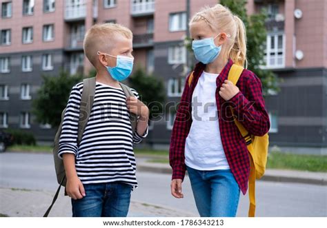 Kids Wearing Mask Backpacks Protect Safety Stock Photo 1786343213