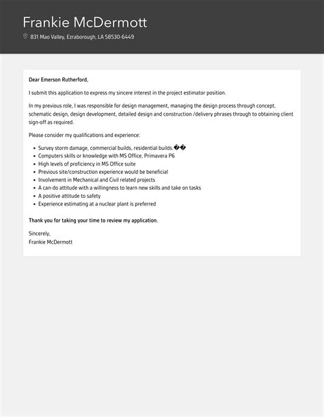 Project Estimator Cover Letter | Velvet Jobs