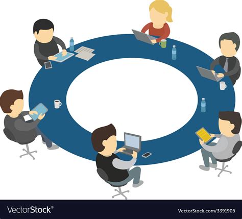 Six Cartoon People Work Sitting Round Table Vector Image
