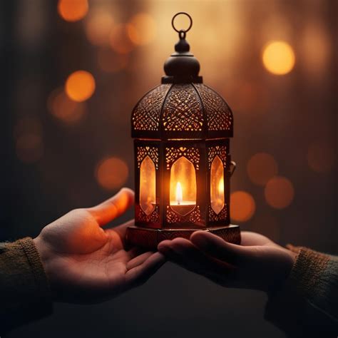 Premium Ai Image Ornamental Arabic Lantern With Burning Candle
