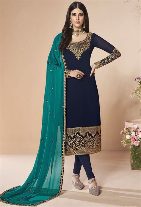 Navy Blue Georgette Churidar Salwar Kameez Fashion Bollywood Suits Bollywood Dress
