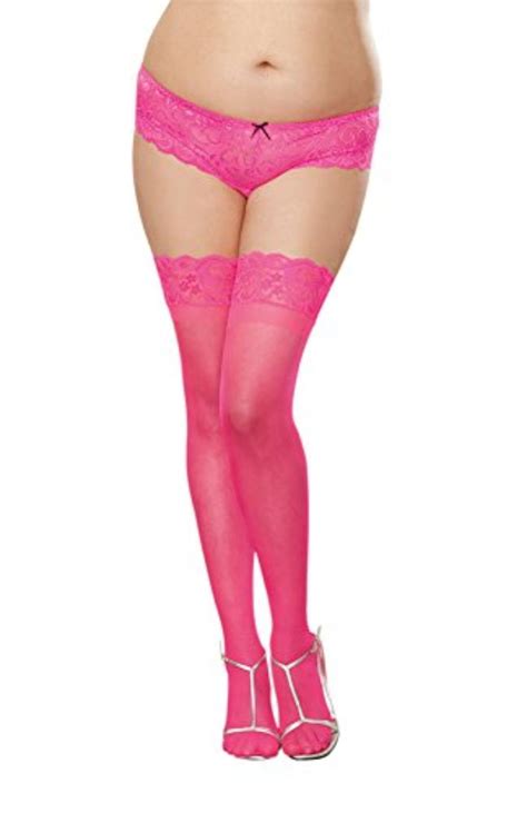 Women S Plus Size Sheer Thigh High Stockings With Silicone Lace Top Neon Pink Queen Sheer