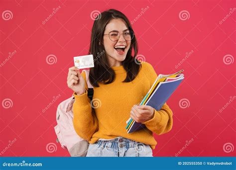 Image Of Excited Student Girl Posing With Credit Card And Exercise
