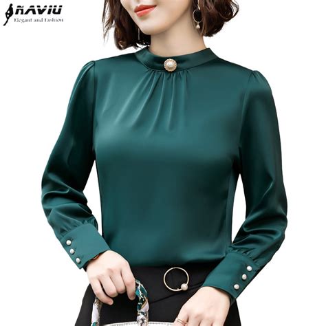 2018 New Fashion Shirt Women Dark Green High Quality Chiffon Long