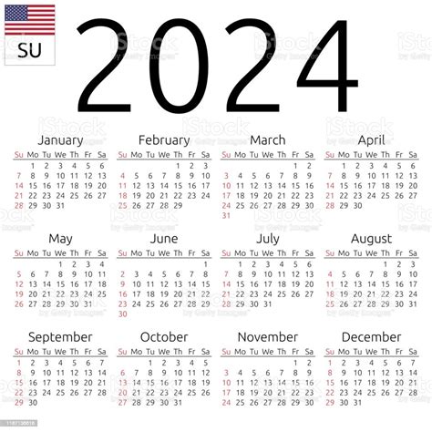 Ilustración De Calendario 2024 Inglés Domingo Y Más Vectores Libres De