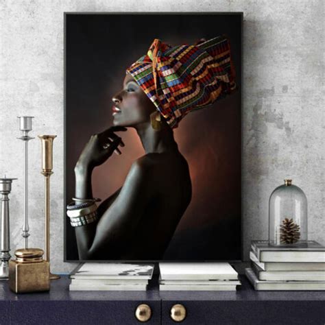 African Nude Woman Indian Headband Portrait Canvas Painting Posters And