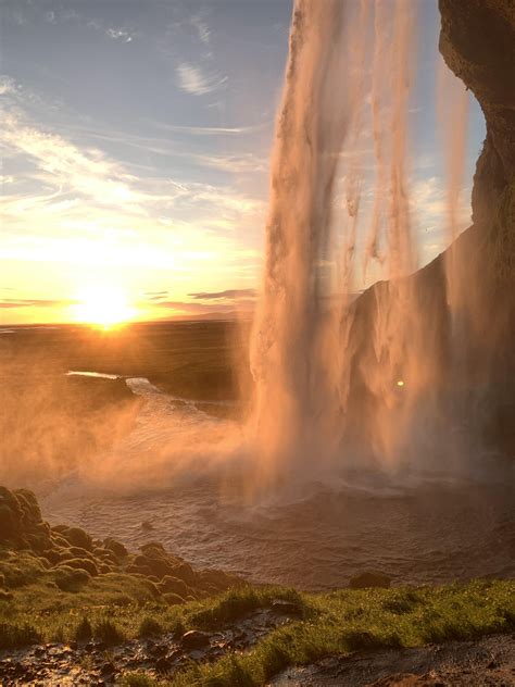 Watching The Sunset From Behind A Waterfall In Iceland Oc 2436x1125