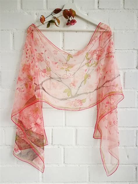 Cherry Blossoms Pink Silk Scarf Hand Painted Chiffon Scarf Etsy