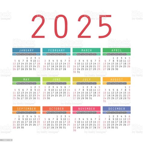 Vetores De Calendário 2025 Ano Inglês Colorido Vetor Quadrado Bolso Ou