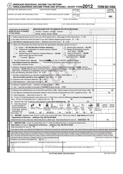 Form Mo 1040a Missouri Individual Income Tax Return Singlemarried