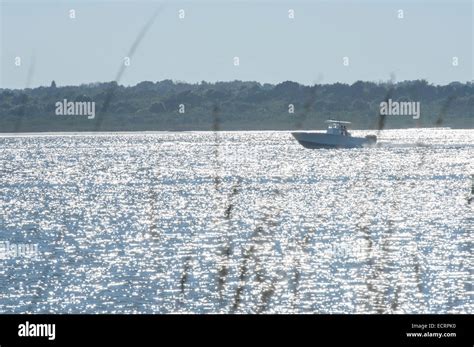 Boat Speeding Along Ponce Inlet Volusia County Florida Usa Stock Photo