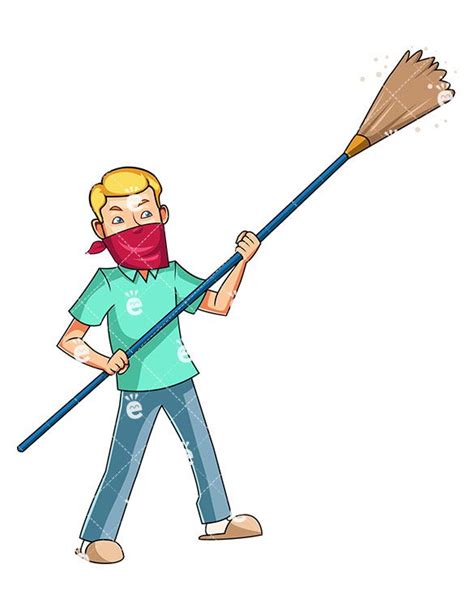 Man Dusting With Long Feather Duster Cartoon Vector Clipart