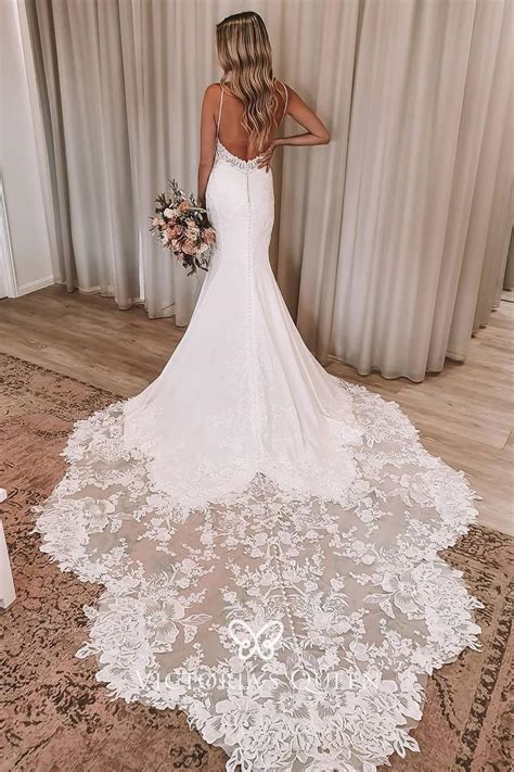 Low Back Floral Lace Chapel Train Mermaid Wedding Dress Vq