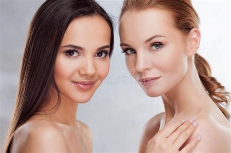 Natural Beauty Two Different Girls Beauty Portrait Stock Photo