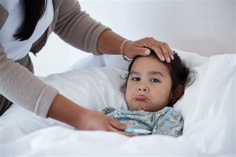 Sick Baby In Bed With Mother Hands For Child Care Support And Love