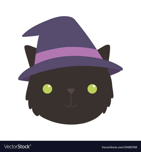 Happy Halloween Cute Face Black Cat With Hat Vector Image
