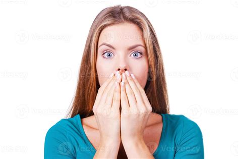 Oops Surprised Young Woman Covering Mouth With Hands And Staring At