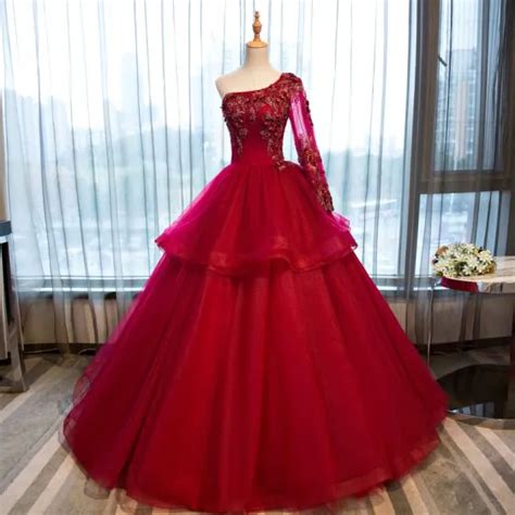 Chic Beautiful Red Prom Dresses 2017 Ball Gown One Shoulder Long Sleeve Appliques Flower