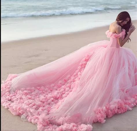 Romantic Poofy Pink Floral Wedding Dresses Off The Shoulder Ball Gown