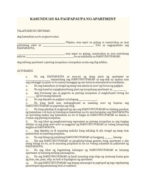 Kasunduan sa pagbabayad ng renta. Kasunduan Sa Pagpapaupa Ng Apartment (Sample)