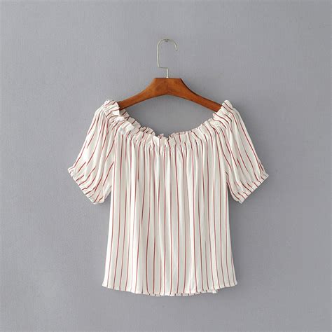 2017 Summer Sexy Off The Shoulder Vertical Striped Blouse Women Elastic Thin Short Sleeve Ladies
