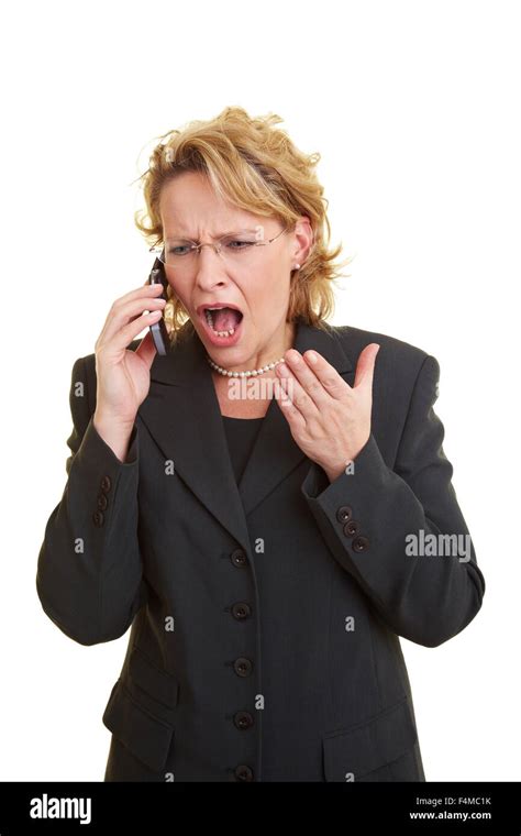 Angry Business Woman Screaming In Her Cell Phone Stock Photo Alamy