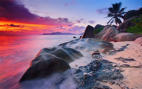 Hd Wallpaper La Digue Beach Seychelles Brown Rocks Near Body Of Water
