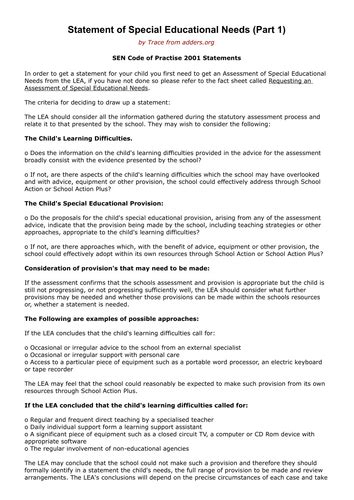 Statement Of Special Educational Needs Part 1 Teaching Resources