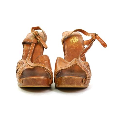 70s Wooden Platform High Heel Brown Leather Clog Sandals Etsy Leather Clog Sandals Leather