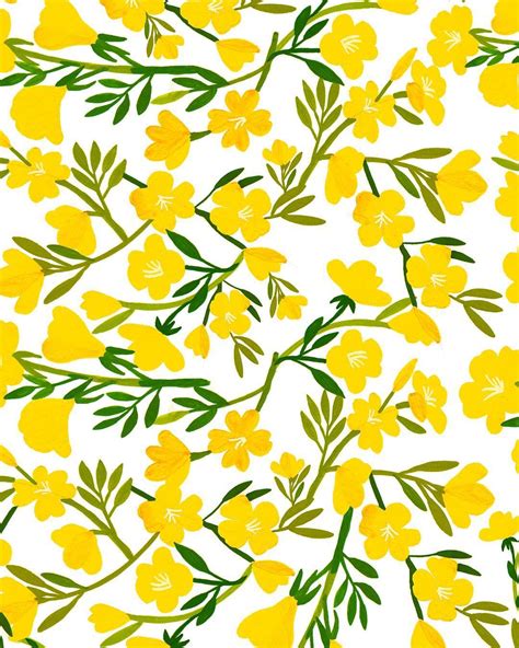 Yellow Flowers On A White Background With Green Leaves And Stems In The