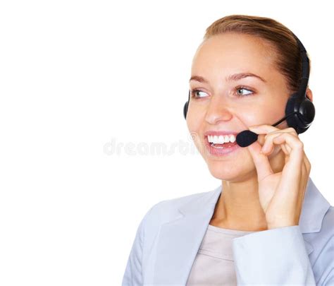 Happy Business Woman Talking On Headset Against White Smiling Young