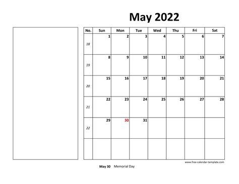 Printable May 2022 Calendar Box And Lines For Notes Free Calendar