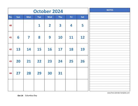 October Calendar 2024 Grid Lines For Holidays And Notes Horizontal