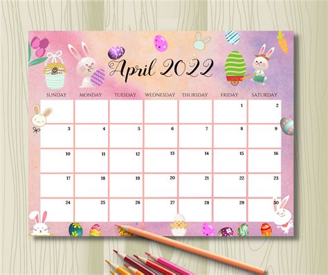 Editable April 2022 Calendar Happy Easter Day With Easter Eggs