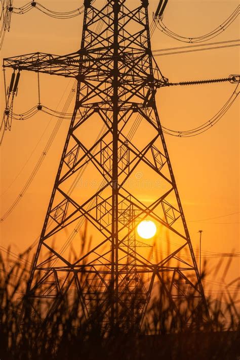 Electricity Power Pylons During Sunset Stock Image Image Of High