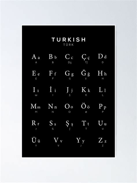 Turkish Alphabet Chart Turkey Language Chart Black Poster By