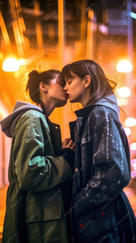 pareja de lesbianas adolescentes modernas de aspecto alternativo besándose en la calle