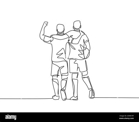 Continuous Line Drawing Of Two Football Player Bring A Ball And Walking