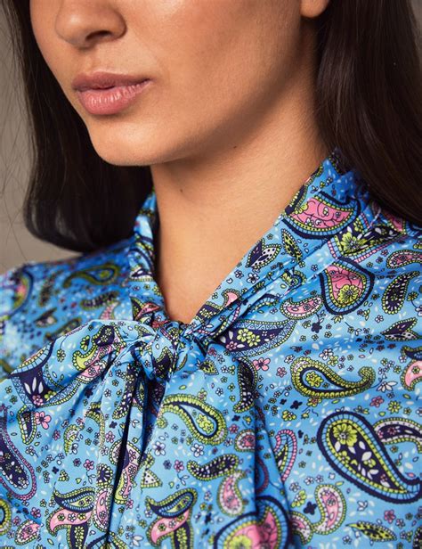 Womens Light Blue And Yellow Paisley Fitted Satin Blouse Single Cuff Pussy Bow Hawes And Curtis