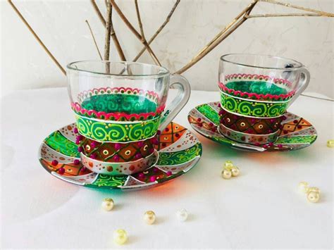 Hand Painted Tea Cup And Saucer Set Turkish Tea Cup Set Etsy Tea